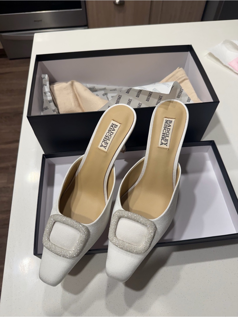 Badgley Mischka White Embellished Square-Buckle Mules
